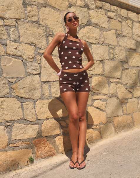 Simmi London Polka dot square neck knitted halter top in brown - view 1