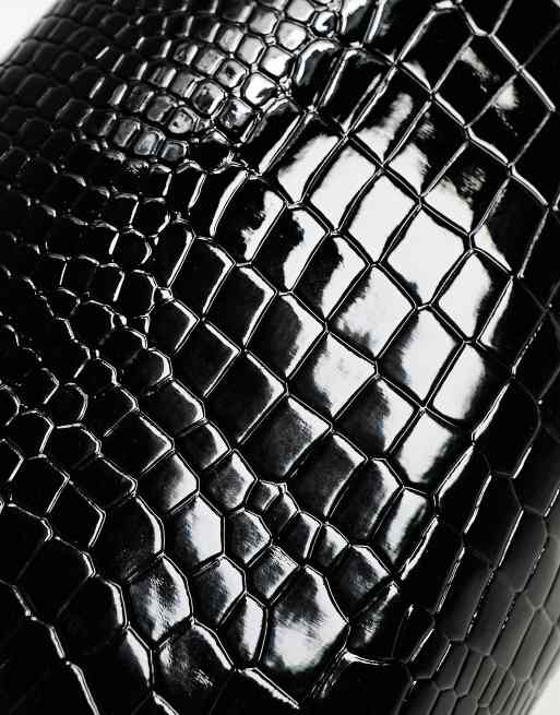 Simmi London Rayan fold over heeled knee boots in black patent croc, 3 of 4