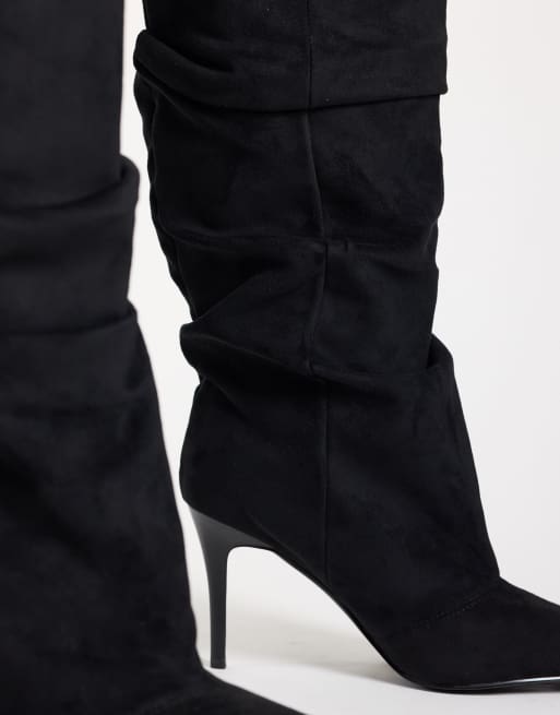 Simmi London Reece ruched knee boots in black suedette, 3 of 4