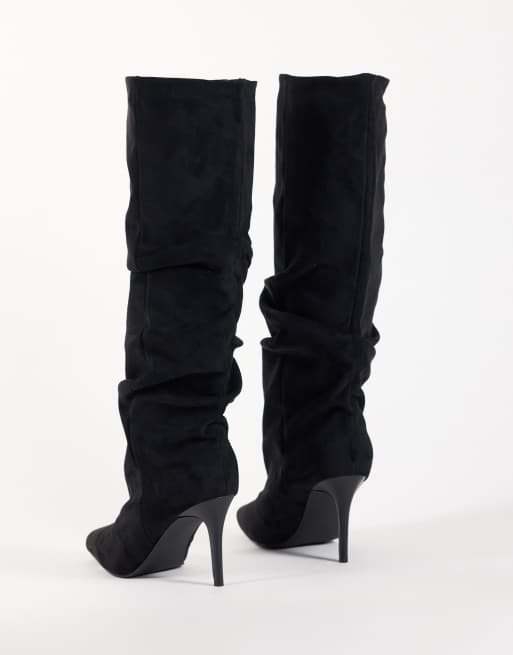 Simmi London Reece ruched knee boots in black suedette, 4 of 4