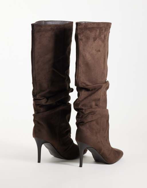 Simmi London Reece ruched knee boots in brown suedette, 3 of 4