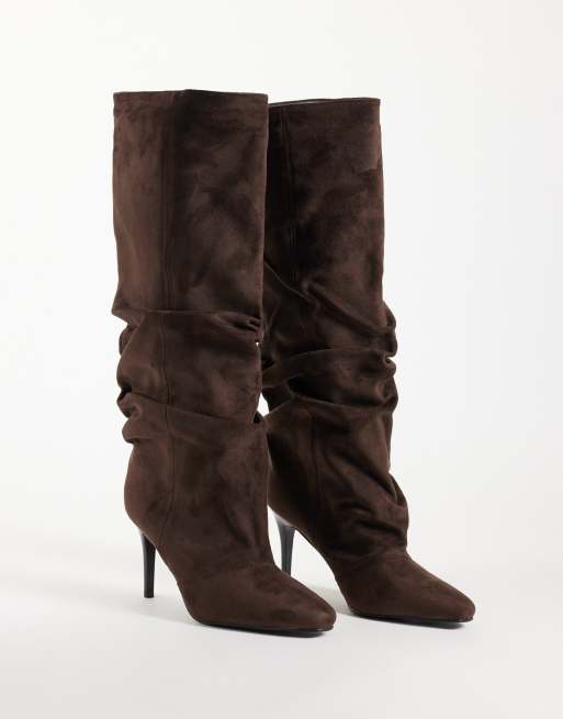 Simmi London Reece ruched knee boots in brown suedette, 4 of 4
