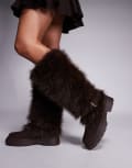 [SIMMI Shoes] Simmi London Reginald faux fur knee boots with buckle in chocolate-Brown 38 CHOCOLATE FAUX FUR