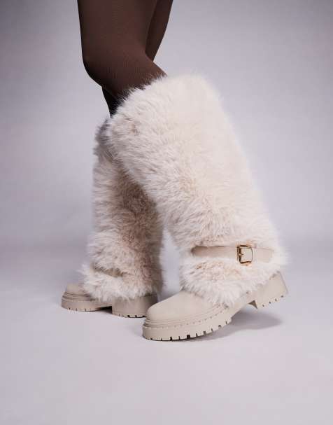 Simmi London Reginald faux fur knee boots with buckles in cream - view 1