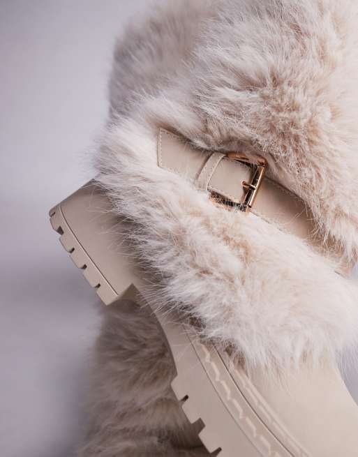 Simmi London Reginald faux fur knee boots with buckles in cream