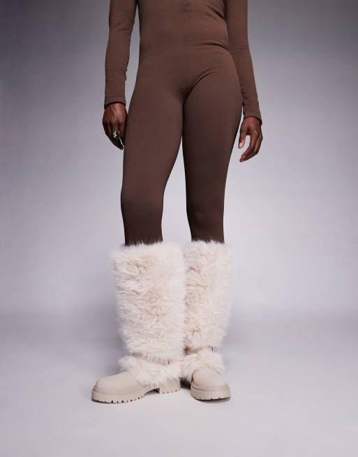 Simmi London Reginald faux fur knee boots with buckles in cream