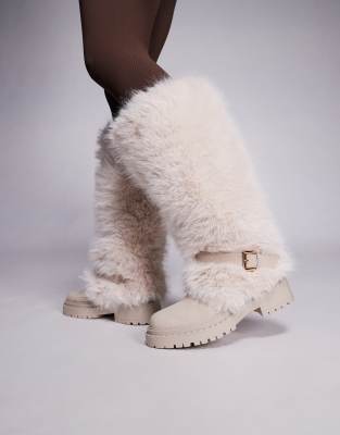 Simmi London - Reginald - Kniehohe Stiefel aus Kunstpelz in Cremeweiß mit Schnalle-Neutral