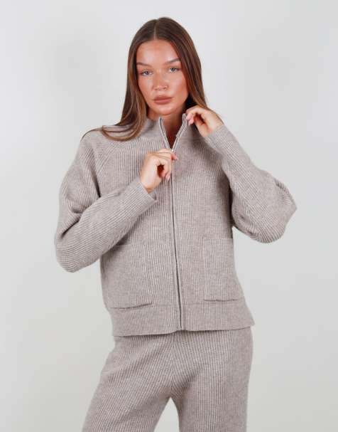 Simmi London Ribbed knit zip up funnel neck sweater in beige - view 1