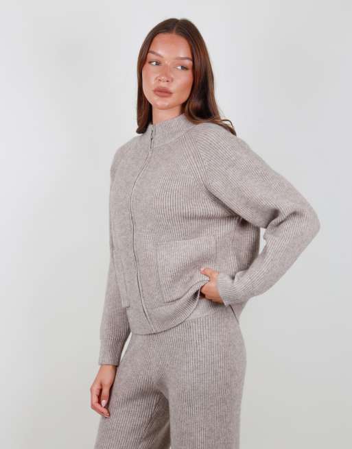 Simmi London Ribbed knit zip up funnel neck sweater in beige, 2 of 5
