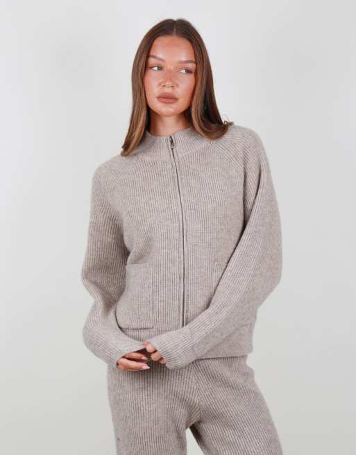 Simmi London Ribbed knit zip up funnel neck sweater in beige, 3 of 5