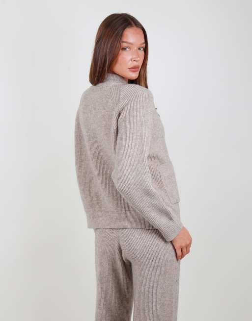 Simmi London Ribbed knit zip up funnel neck sweater in beige, 4 of 5