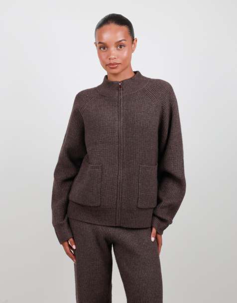 Simmi London Ribbed knit zip up funnel neck sweater in brown - view 1