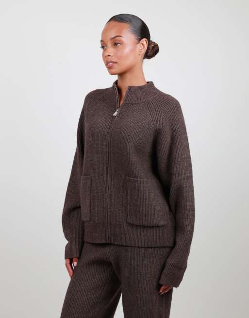 Simmi London Ribbed knit zip up funnel neck sweater in brown, 2 of 4
