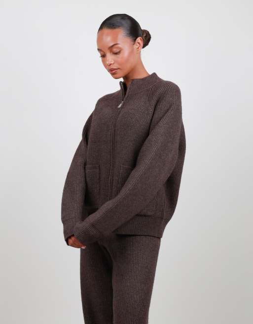 Simmi London Ribbed knit zip up funnel neck sweater in brown, 4 of 4