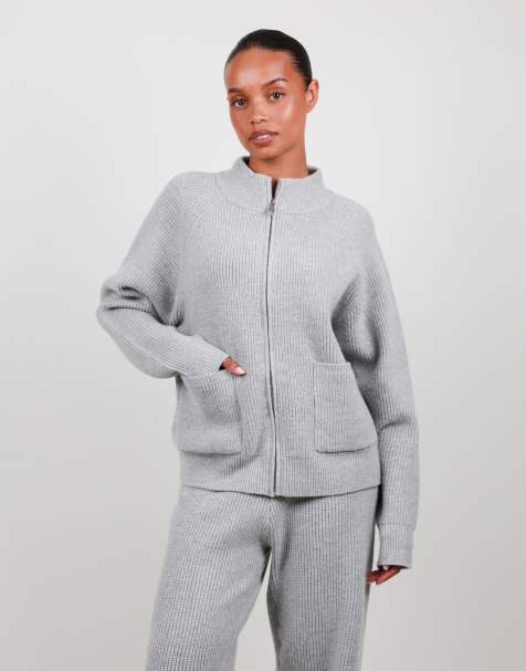 Simmi London Ribbed knit zip up funnel neck sweater in grey - view 1