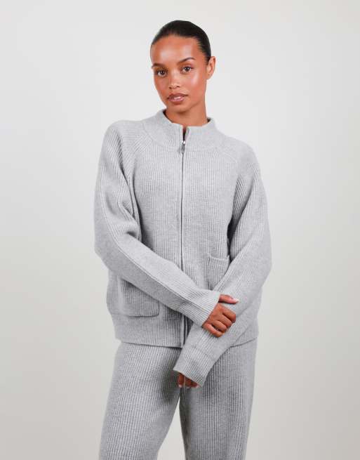 Simmi London Ribbed knit zip up funnel neck sweater in grey, 2 of 4