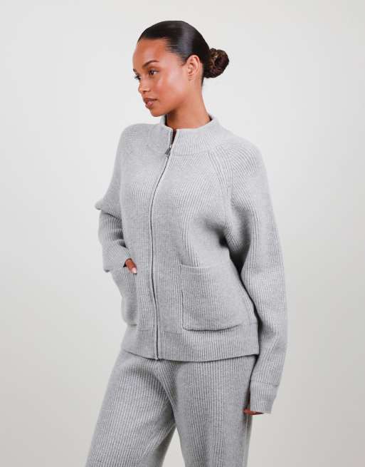 Simmi London Ribbed knit zip up funnel neck sweater in grey, 3 of 4