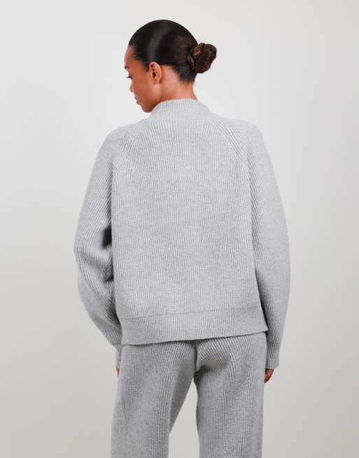 Simmi London Ribbed knit zip up funnel neck sweater in grey, 4 of 4