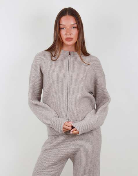 Simmi London Ribbed knit zip up sweater in beige - view 1