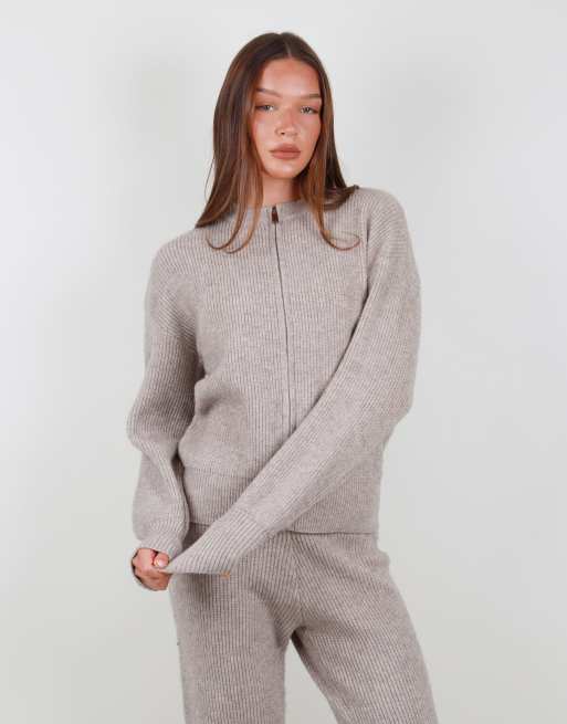 Simmi London Ribbed knit zip up sweater in beige, 4 of 4