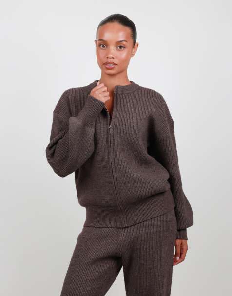 Simmi London Ribbed knit zip up sweater in brown - view 1