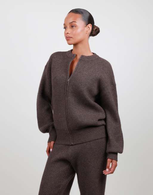 Simmi London Ribbed knit zip up sweater in brown, 2 of 7
