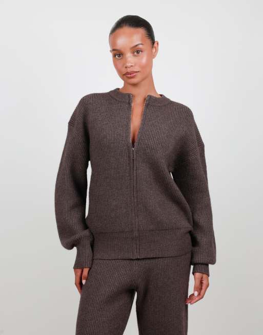 Simmi London Ribbed knit zip up sweater in brown, 4 of 7