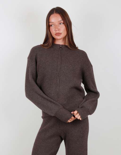 Simmi London Ribbed knit zip up sweater in brown, 5 of 7
