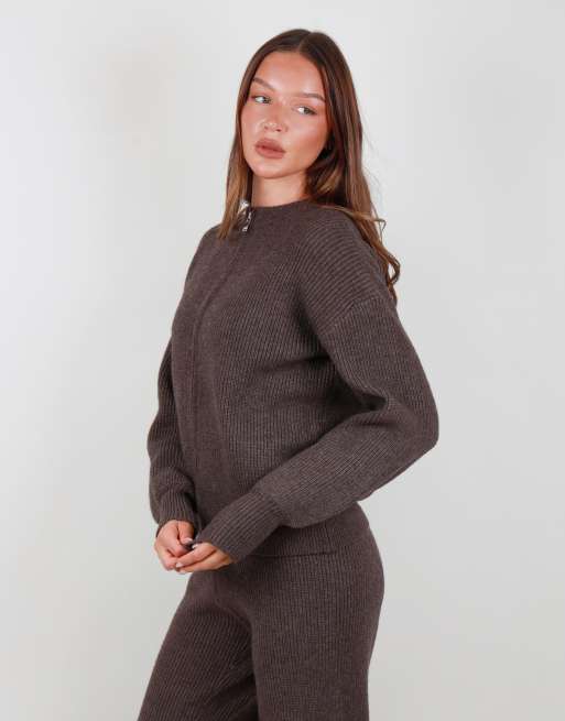 Simmi London Ribbed knit zip up sweater in brown, 6 of 7