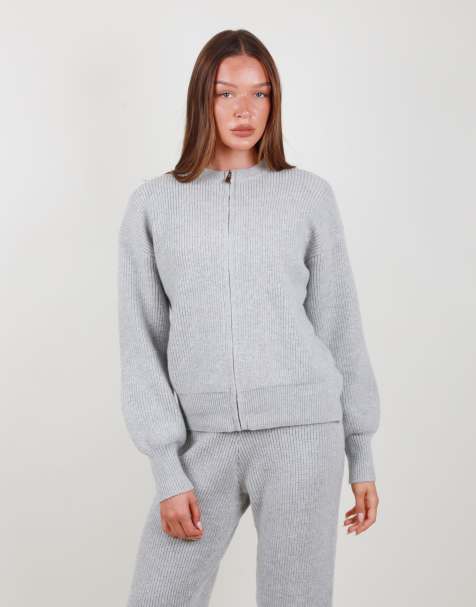Simmi London Ribbed knit zip up sweater in grey - view 1