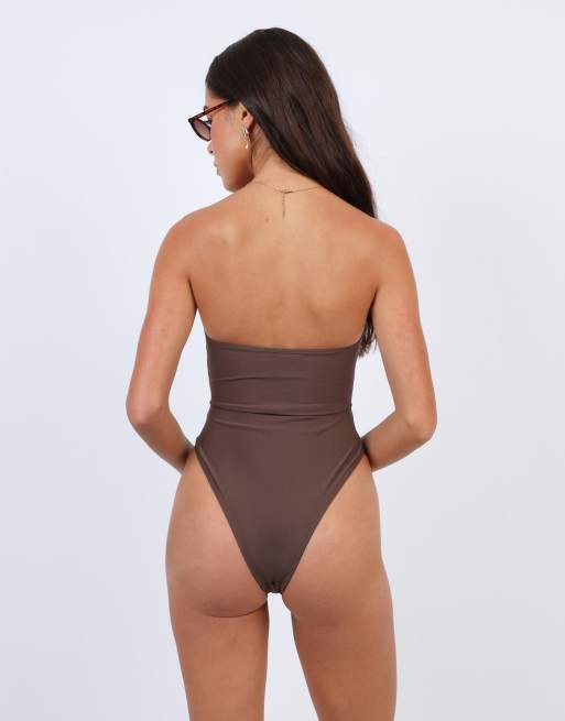 Simmi London Rio brown knot swimsuit in brown, 3 of 4