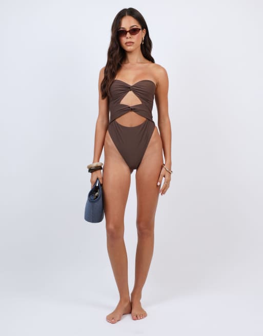 Simmi London Rio brown knot swimsuit in brown, 4 of 4