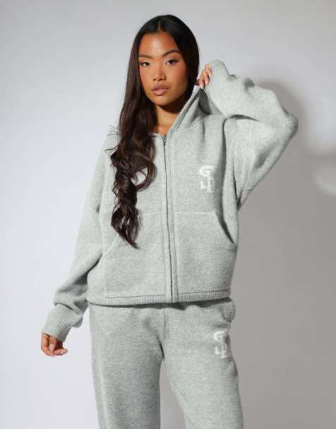 Simmi London Romy chunky knit hoodie in light grey - view 1