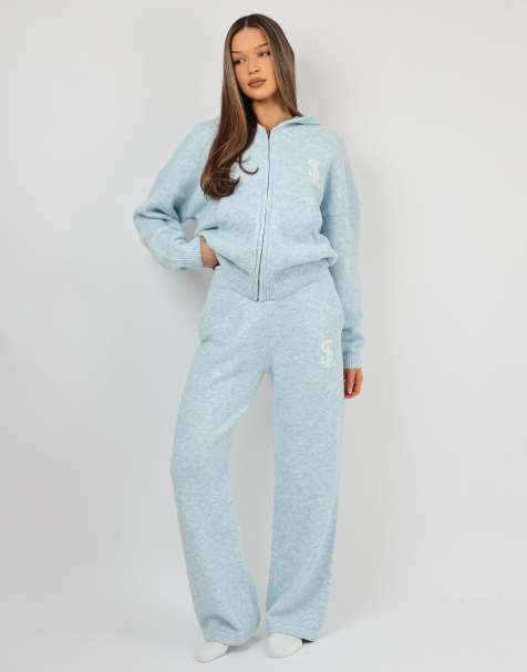 Simmi London Romy chunky knit wide leg trouser in baby blue