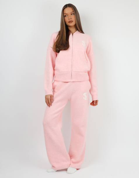 Simmi London Romy chunky knit wide leg trouser in baby pink