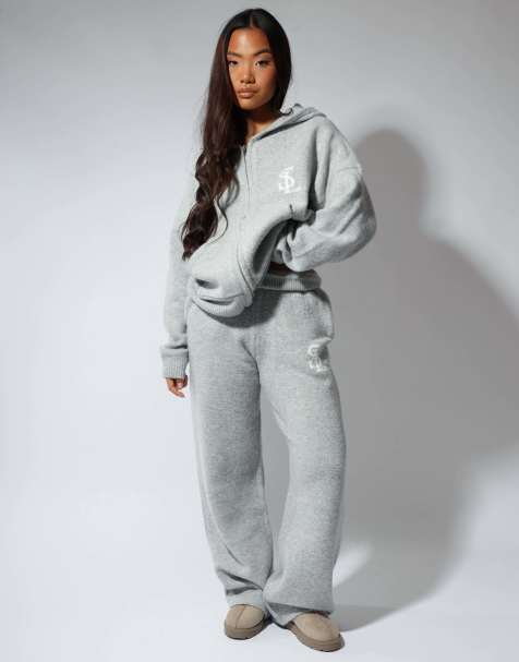 Simmi London Romy chunky knit wide leg trouser in light grey