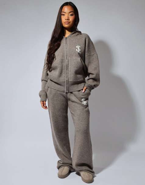 Simmi London Romy chunky knit wide leg trouser in mocha - view 1