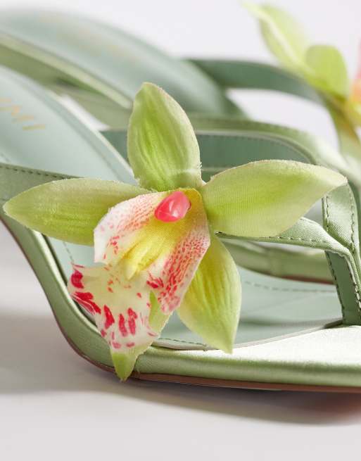 Simmi London Ruby kitten heel sandals with flower in green, 4 of 4