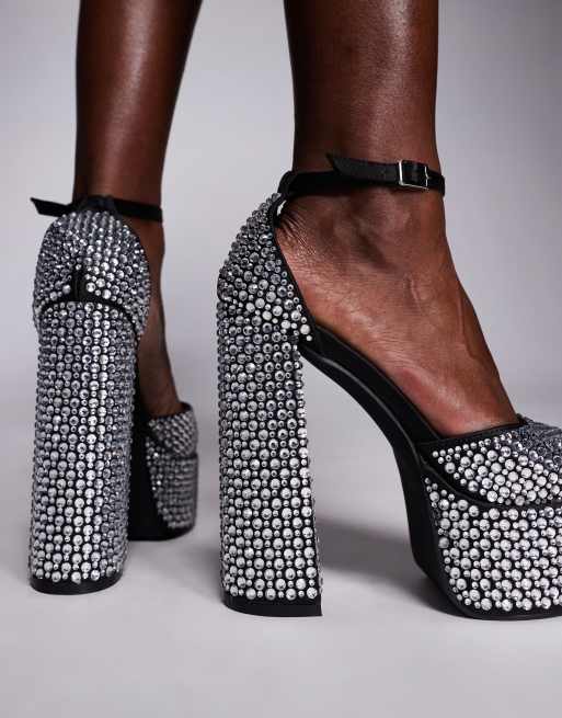 Simmi London Ruby platform heeled sandals in black diamante, 2 of 4