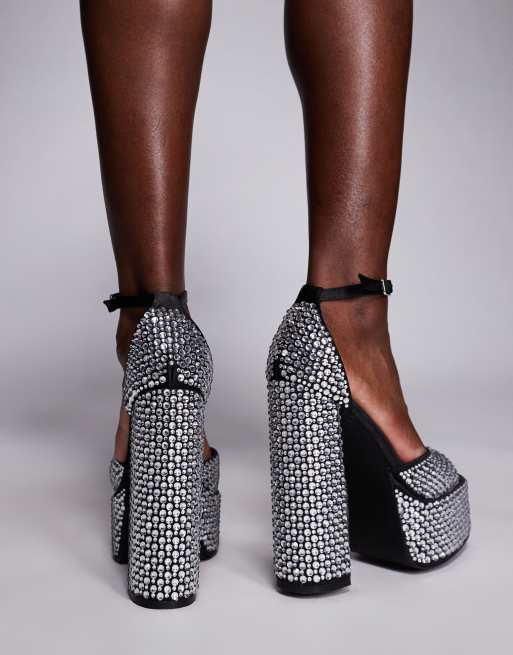 Simmi London Ruby platform heeled sandals in black diamante, 3 of 4
