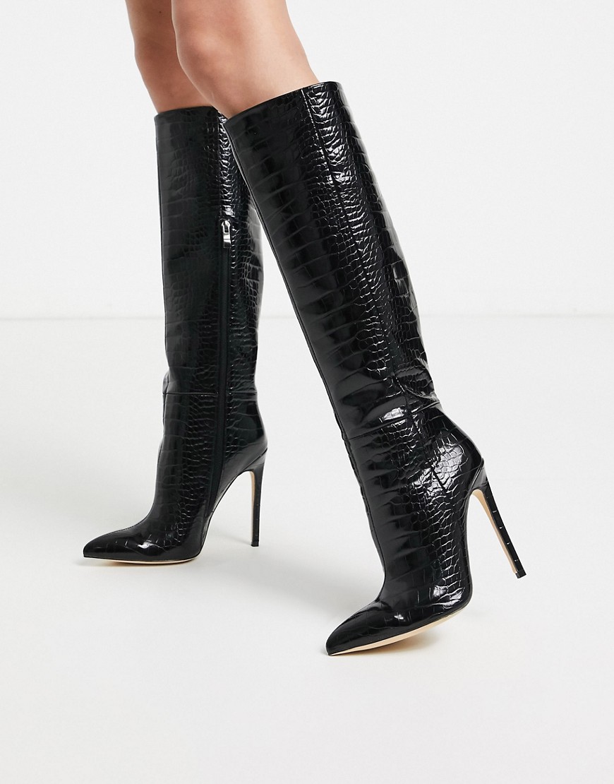 Simmi London - Samia - Kniehoge laarzen met stilettohak en krokodilleneffect in zwart