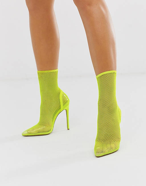 Simmi London Samia neon yellow fishnet heeled shoes