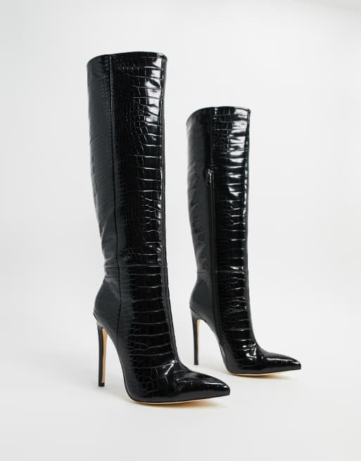 Simmi London Samia stiletto knee boots in black croc