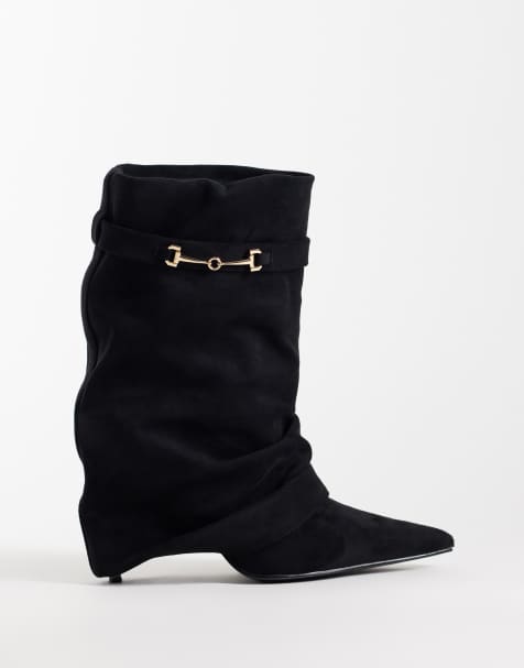 Simmi London Sansa fold over ruched heeled boots with horsebit detail in black suedette - view 1