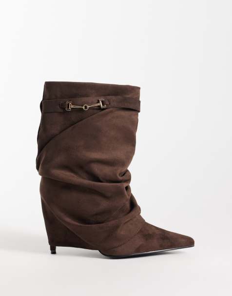 Simmi London Sansa fold over ruched heeled boots with horsebit detail in brown suedette - view 1