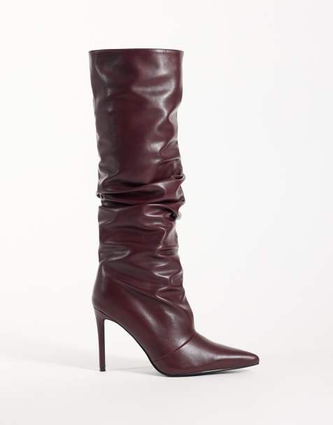 Simmi London Saxon ruched knee boots in burgundy PU - view 1