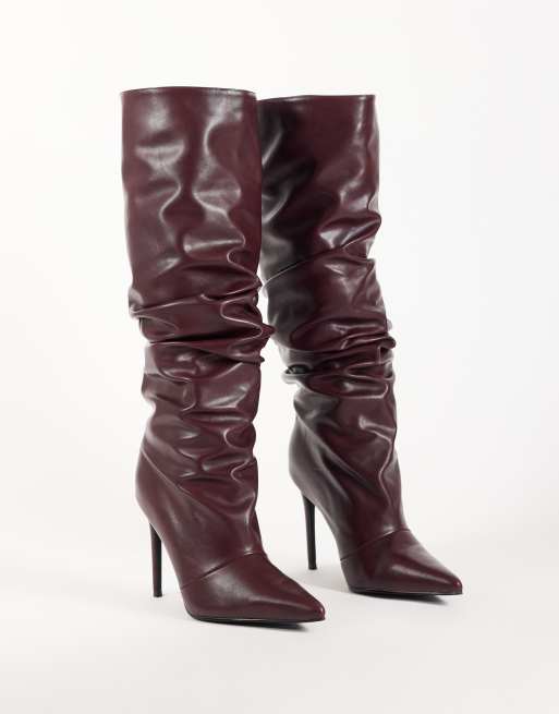 Simmi London Saxon ruched knee boots in burgundy PU, 2 of 4
