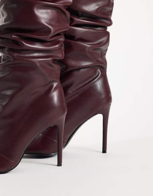 Simmi London Saxon ruched knee boots in burgundy PU, 3 of 4