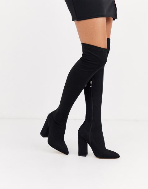 Simmi London – Schwarze Overknee-Stiefel aus Stretchmaterial mit Blockabsatz
