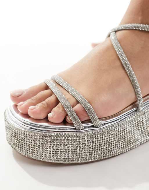 Simmi London Sea chunky flat sandals in embellished silver, 3 of 4